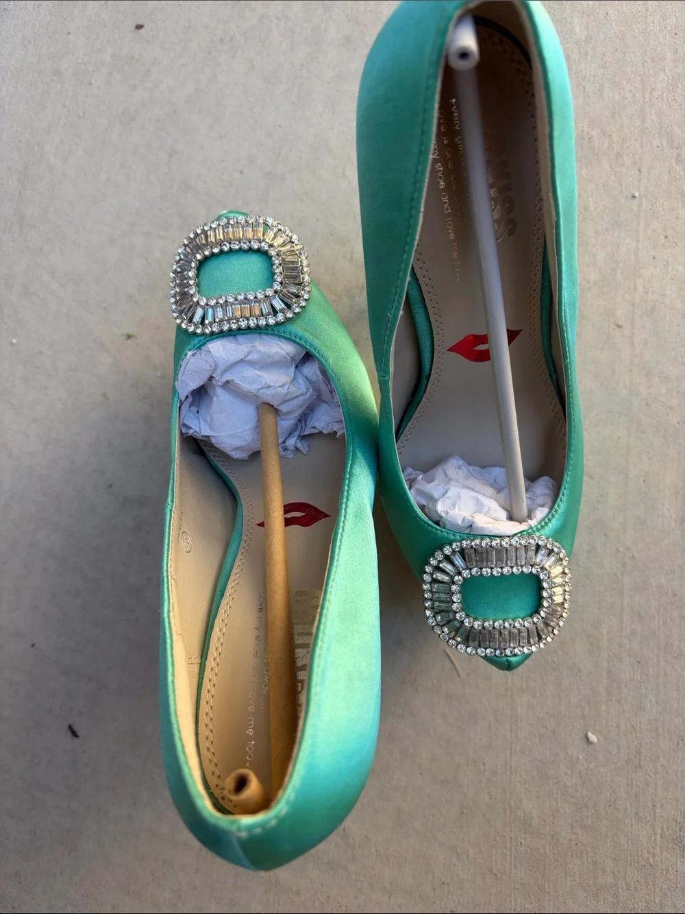 Women's Teal Satin Platform High Heels with Crystal Buckle
